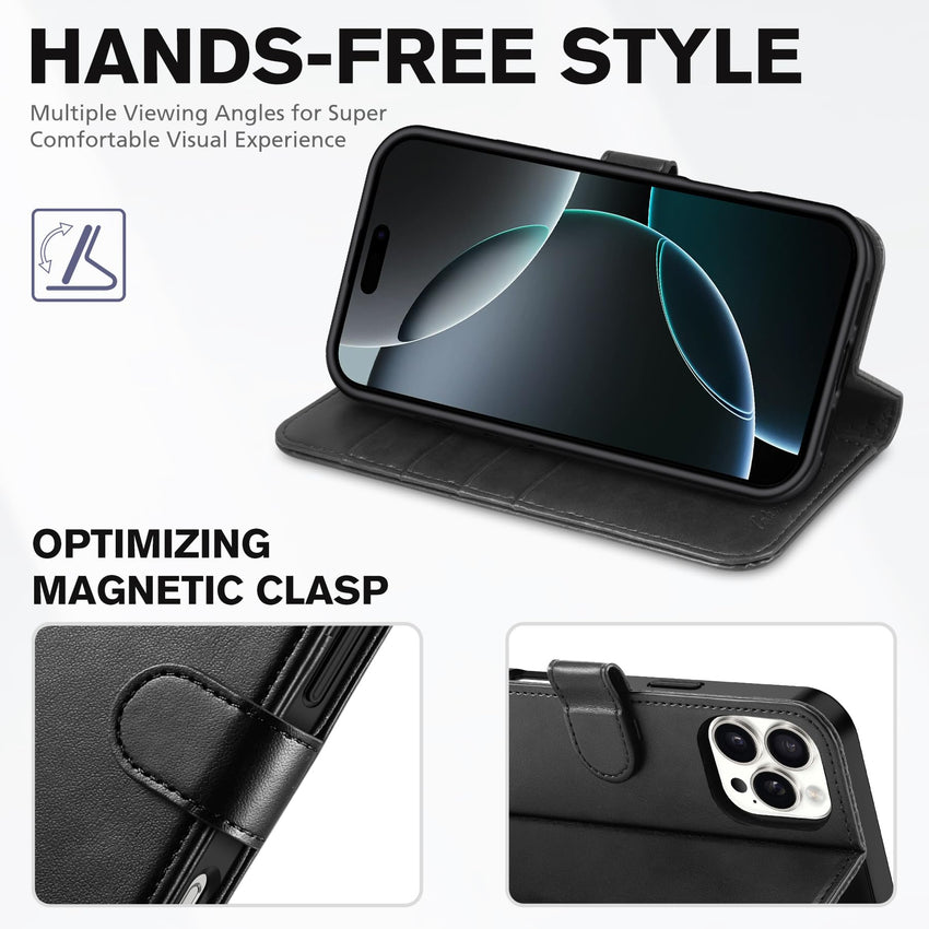TUCCH Case Wallet for iPhone 16 Pro Max, [Wrist Strap] RFID Blocking 4 Card Slots Kickstand [Soft TPU Shell], PU Leather Magnetic Flip Cover Compatible with iPhone 16 Pro Max, Black with Wristlet - 7DAY'S
