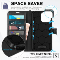 TUCCH Case Wallet for iPhone 16 Pro Max, [Wrist Strap] RFID Blocking 4 Card Slots Kickstand [Soft TPU Shell], PU Leather Magnetic Flip Cover Compatible with iPhone 16 Pro Max, Black with Wristlet - 7DAY'S