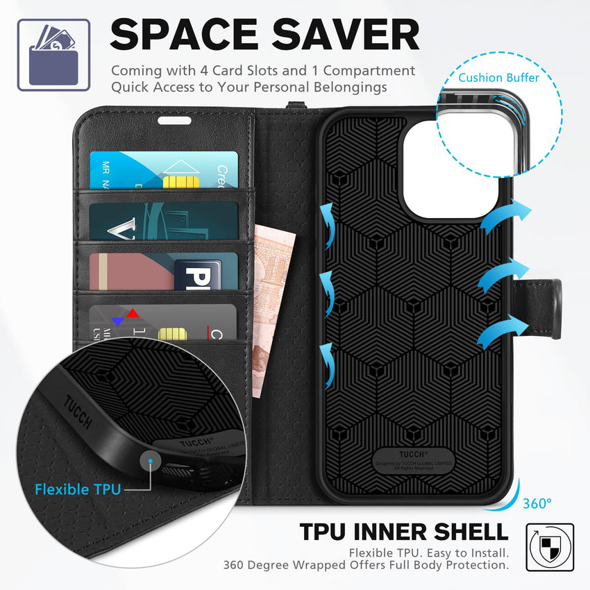 TUCCH Case Wallet for iPhone 16 Pro Max, [Wrist Strap] RFID Blocking 4 Card Slots Kickstand [Soft TPU Shell], PU Leather Magnetic Flip Cover Compatible with iPhone 16 Pro Max, Black with Wristlet - 7DAY'S