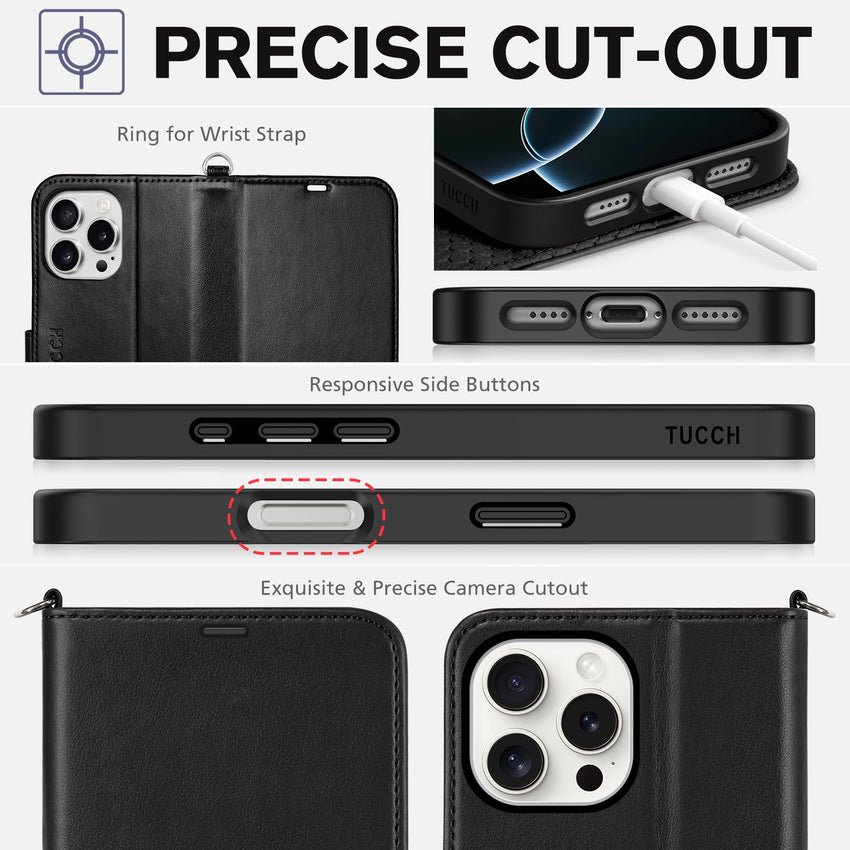 TUCCH Case Wallet for iPhone 16 Pro Max, [Wrist Strap] RFID Blocking 4 Card Slots Kickstand [Soft TPU Shell], PU Leather Magnetic Flip Cover Compatible with iPhone 16 Pro Max, Black with Wristlet - 7DAY'S