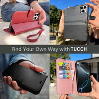 TUCCH Case Wallet for iPhone 16 Pro Max, [Wrist Strap] RFID Blocking 4 Card Slots Kickstand [Soft TPU Shell], PU Leather Magnetic Flip Cover Compatible with iPhone 16 Pro Max, Black with Wristlet - 7DAY'S