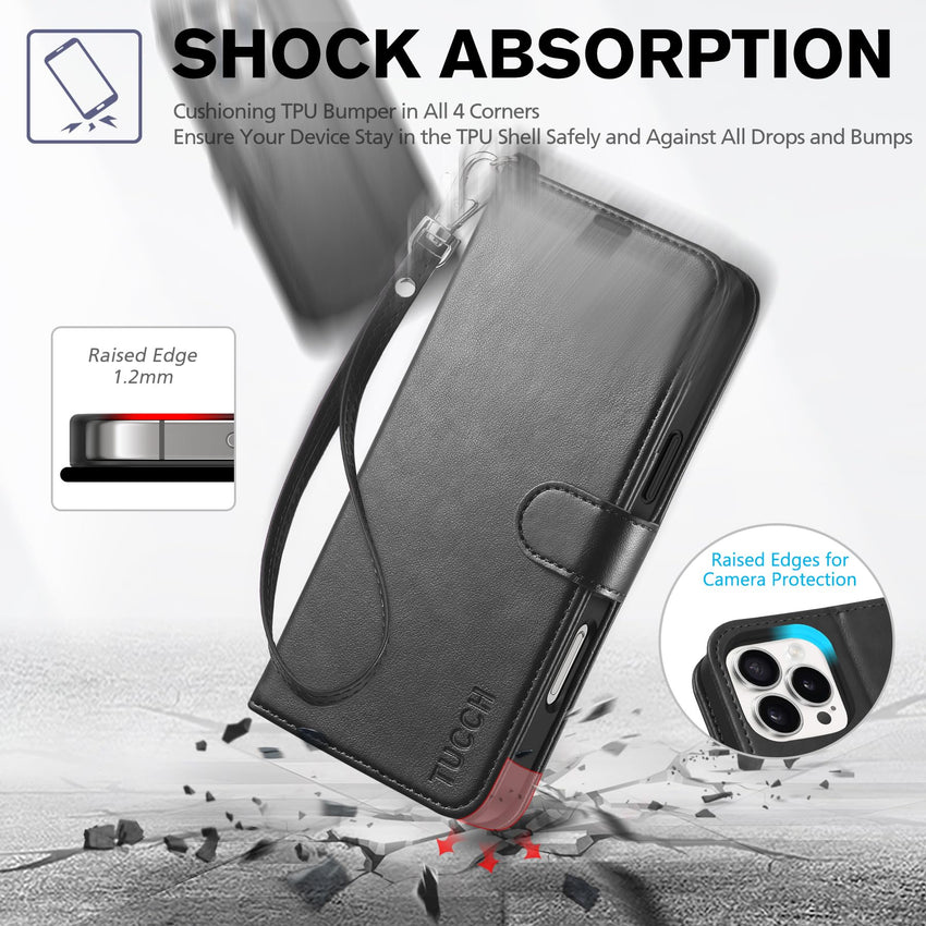 TUCCH Case Wallet for iPhone 16 Pro Max, [Wrist Strap] RFID Blocking 4 Card Slots Kickstand [Soft TPU Shell], PU Leather Magnetic Flip Cover Compatible with iPhone 16 Pro Max, Black with Wristlet - 7DAY'S