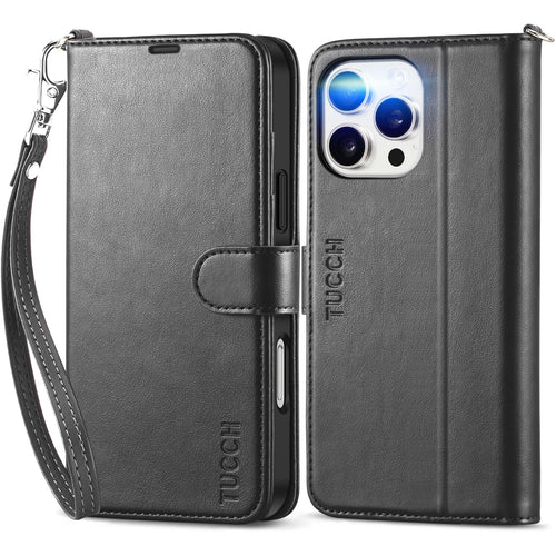TUCCH Case Wallet for iPhone 16 Pro Max, [Wrist Strap] RFID Blocking 4 Card Slots Kickstand [Soft TPU Shell], PU Leather Magnetic Flip Cover Compatible with iPhone 16 Pro Max, Black with Wristlet - 7DAY'S