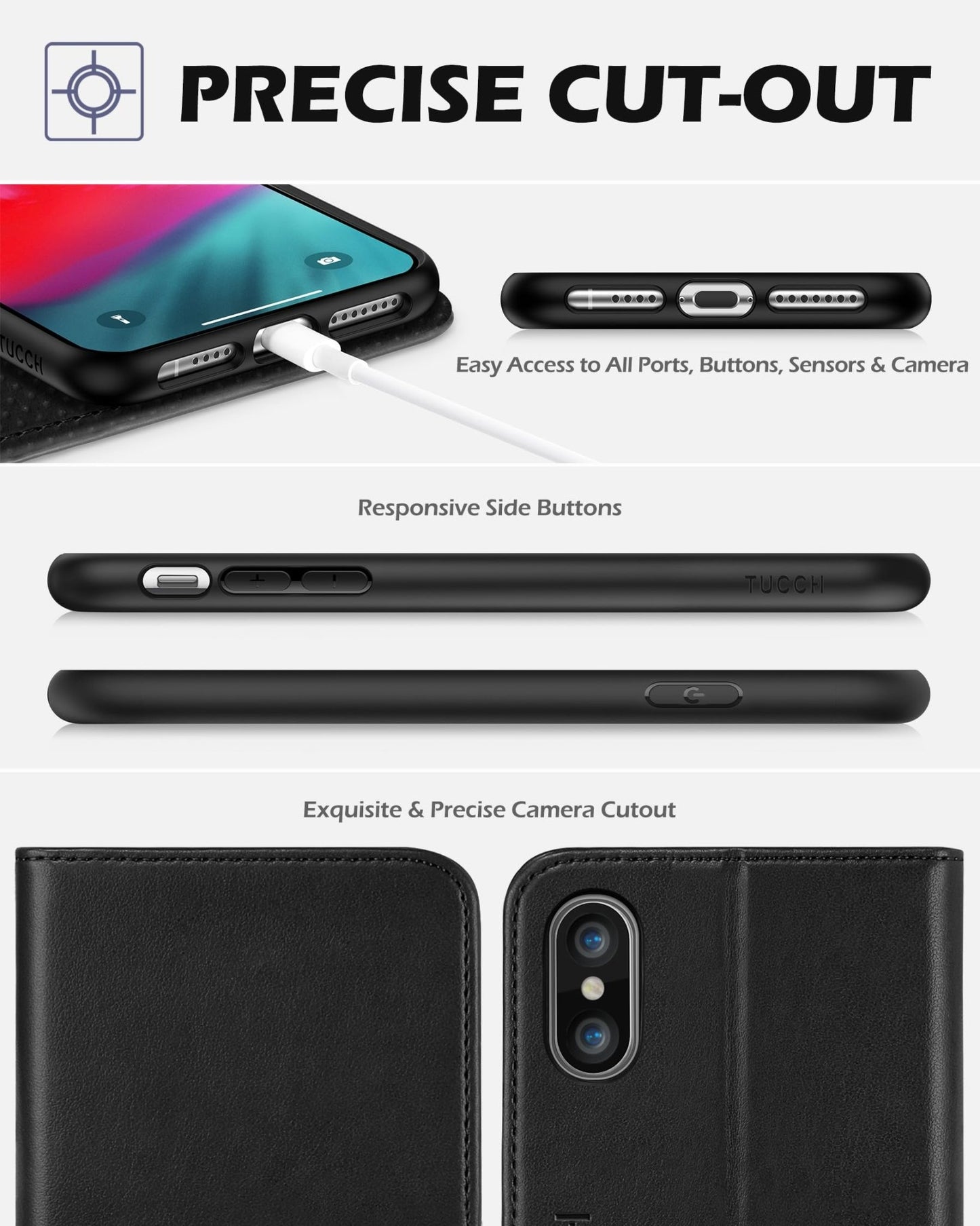 TUCCH Case Wallet for iPhone Xs Max, PU Leather Flip Cover with RFID Blocking Card Slot, Stand [Auto Wake/Sleep] Wireless Charging Shockproof TPU Shell Compatible with iPhone Xs Max 6.5", Black - 7DAY'S