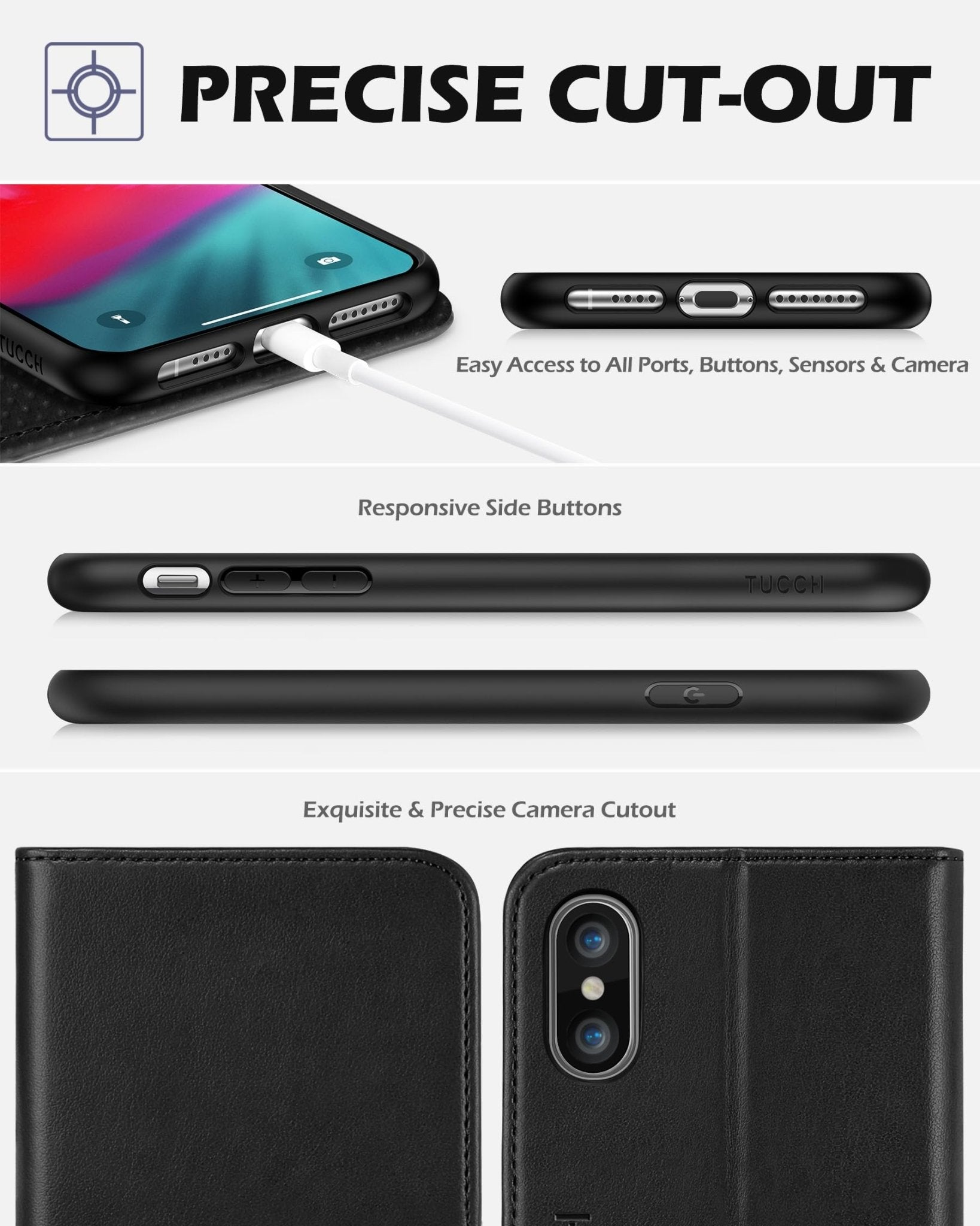 TUCCH Case Wallet for iPhone Xs Max, PU Leather Flip Cover with RFID Blocking Card Slot, Stand [Auto Wake/Sleep] Wireless Charging Shockproof TPU Shell Compatible with iPhone Xs Max 6.5", Black - 7DAY'S