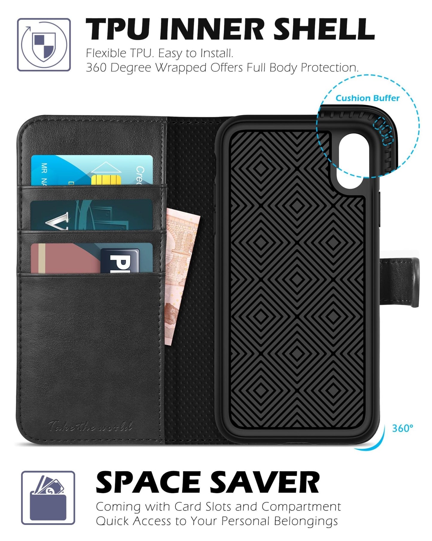 TUCCH Case Wallet for iPhone Xs Max, PU Leather Flip Cover with RFID Blocking Card Slot, Stand [Auto Wake/Sleep] Wireless Charging Shockproof TPU Shell Compatible with iPhone Xs Max 6.5", Black - 7DAY'S