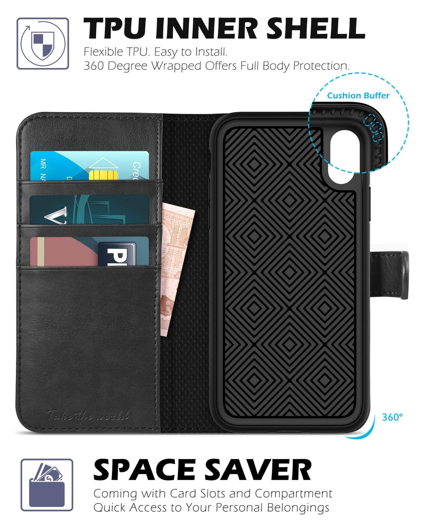 TUCCH Case Wallet for iPhone Xs Max, PU Leather Flip Cover with RFID Blocking Card Slot, Stand [Auto Wake/Sleep] Wireless Charging Shockproof TPU Shell Compatible with iPhone Xs Max 6.5", Black - 7DAY'S