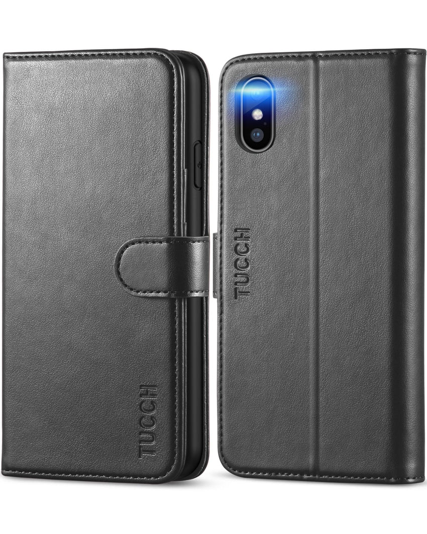 TUCCH Case Wallet for iPhone Xs Max, PU Leather Flip Cover with RFID Blocking Card Slot, Stand [Auto Wake/Sleep] Wireless Charging Shockproof TPU Shell Compatible with iPhone Xs Max 6.5", Black - 7DAY'S
