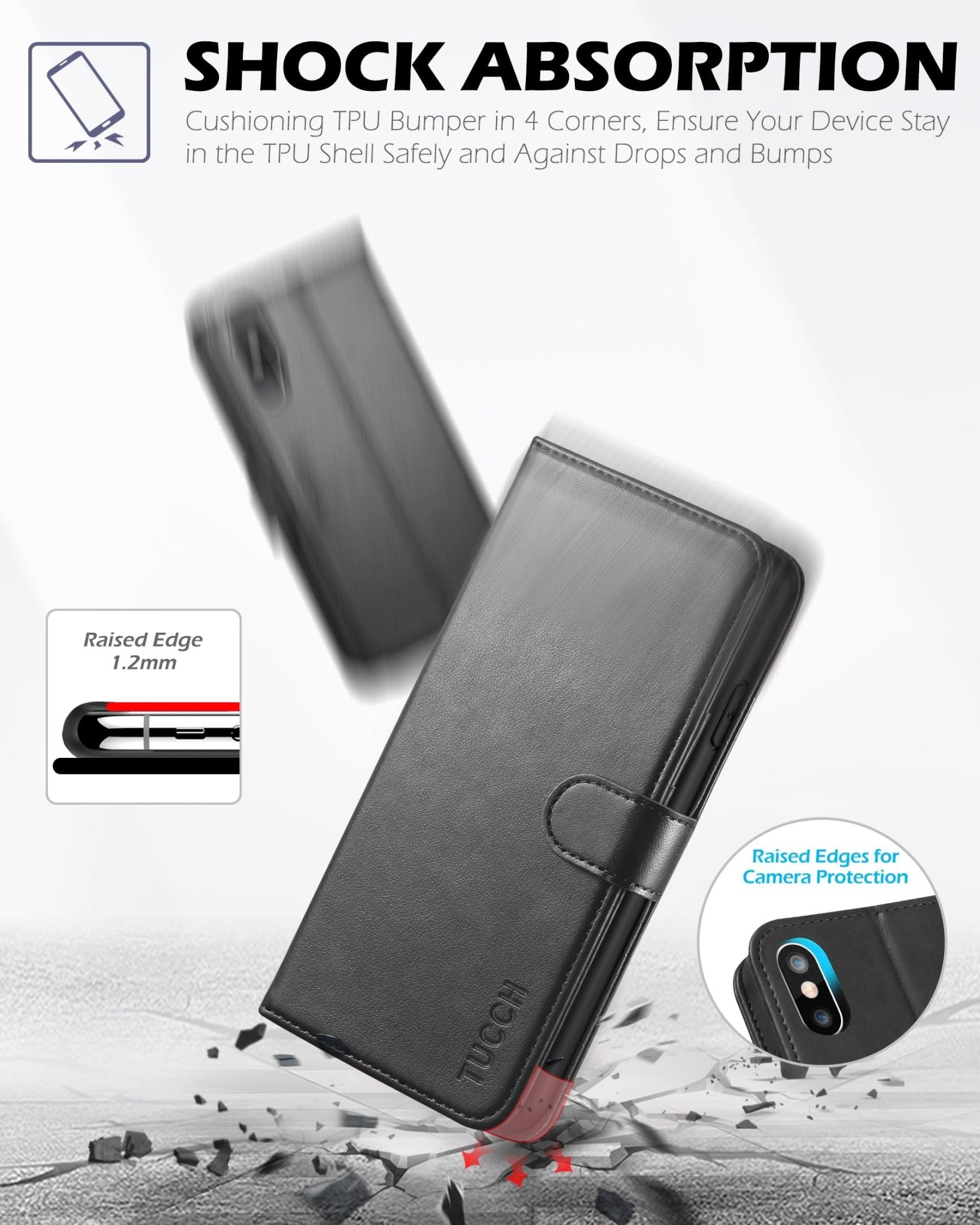 TUCCH Case Wallet for iPhone Xs Max, PU Leather Flip Cover with RFID Blocking Card Slot, Stand [Auto Wake/Sleep] Wireless Charging Shockproof TPU Shell Compatible with iPhone Xs Max 6.5", Black - 7DAY'S