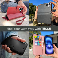 TUCCH Compatible with iPhone 16 Wallet Case, RFID Blocking 4 Card Holder Kickstand [Shockproof TPU Interior Shell], PU Leather Magnetic Closure Protective Flip Phone Cover, Black - 7DAY'S