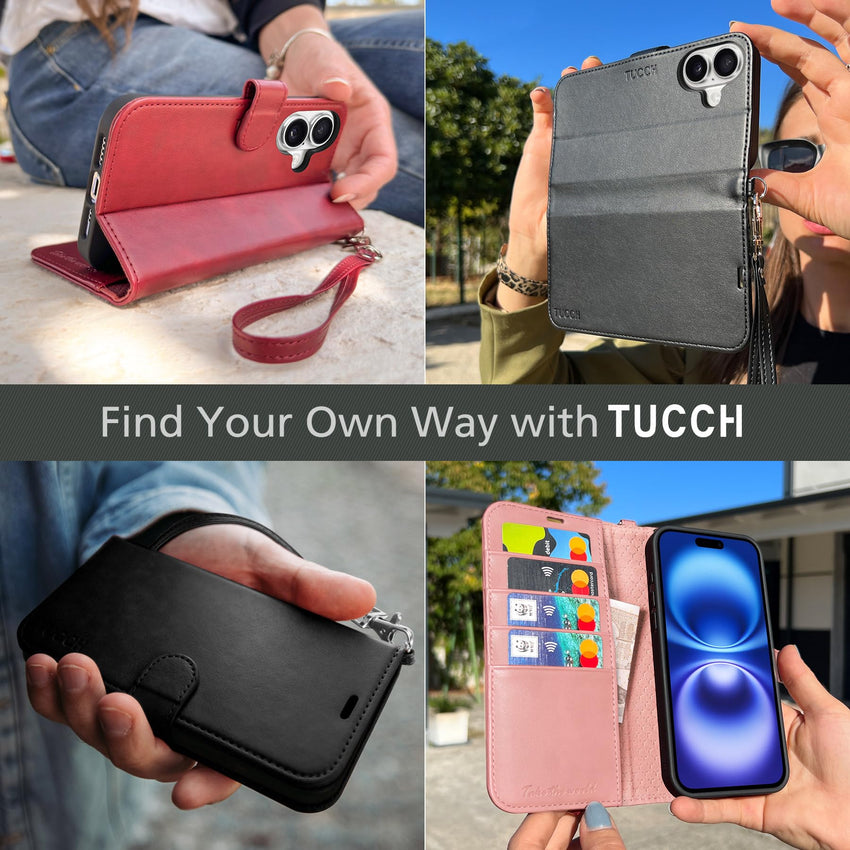 TUCCH Compatible with iPhone 16 Wallet Case, RFID Blocking 4 Card Holder Kickstand [Shockproof TPU Interior Shell], PU Leather Magnetic Closure Protective Flip Phone Cover, Black - 7DAY'S