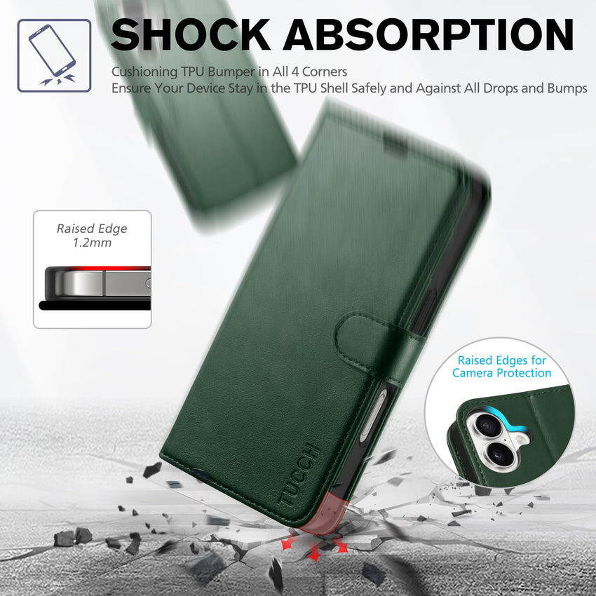 TUCCH Compatible with iPhone 16 Wallet Case, RFID Blocking 4 Card Holder Kickstand [Shockproof TPU Interior Shell], PU Leather Magnetic Closure Protective Flip Phone Cover, Black - 7DAY'S