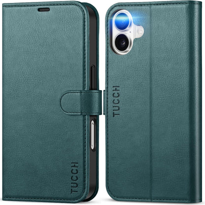 TUCCH Compatible with iPhone 16 Wallet Case, RFID Blocking 4 Card Holder Kickstand [Shockproof TPU Interior Shell], PU Leather Magnetic Closure Protective Flip Phone Cover, Black - 7DAY'S