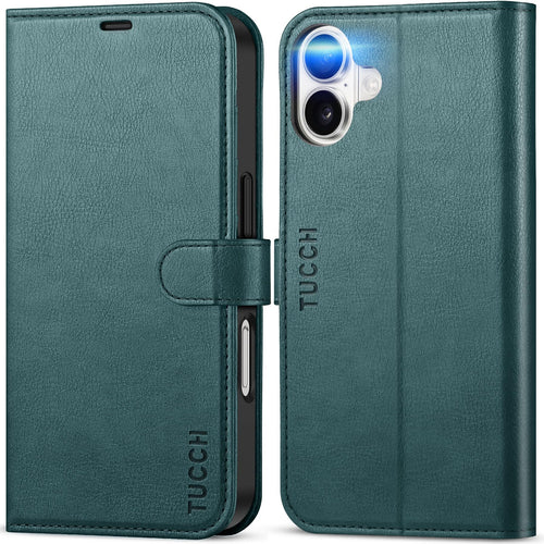 TUCCH Compatible with iPhone 16 Wallet Case, RFID Blocking 4 Card Holder Kickstand [Shockproof TPU Interior Shell], PU Leather Magnetic Closure Protective Flip Phone Cover, Black