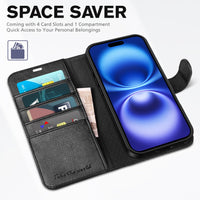 TUCCH Compatible with iPhone 16 Wallet Case, RFID Blocking 4 Card Holder Kickstand [Shockproof TPU Interior Shell], PU Leather Magnetic Closure Protective Flip Phone Cover, Black - 7DAY'S