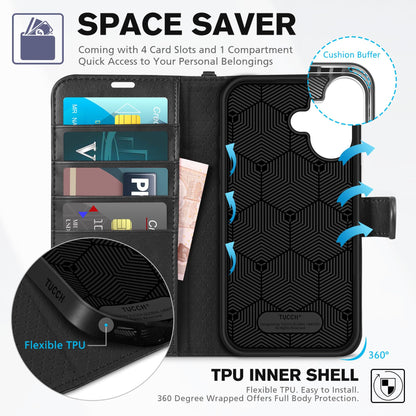 TUCCH Compatible with iPhone 16 Wallet Case, RFID Blocking 4 Card Holder Kickstand [Shockproof TPU Interior Shell], PU Leather Magnetic Closure Protective Flip Phone Cover, Black - 7DAY'S