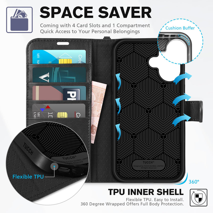 TUCCH Compatible with iPhone 16 Wallet Case, RFID Blocking 4 Card Holder Kickstand [Shockproof TPU Interior Shell], PU Leather Magnetic Closure Protective Flip Phone Cover, Black - 7DAY'S