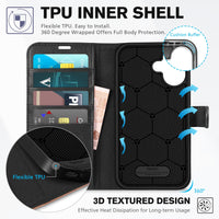 TUCCH Compatible with iPhone 16 Wallet Case, RFID Blocking 4 Card Holder Kickstand [Shockproof TPU Interior Shell], PU Leather Magnetic Closure Protective Flip Phone Cover, Black - 7DAY'S