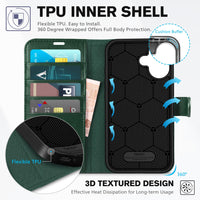 TUCCH Compatible with iPhone 16 Wallet Case, RFID Blocking 4 Card Holder Kickstand [Shockproof TPU Interior Shell], PU Leather Magnetic Closure Protective Flip Phone Cover, Black - 7DAY'S