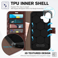 TUCCH Compatible with iPhone 16 Wallet Case, RFID Blocking 4 Card Holder Kickstand [Shockproof TPU Interior Shell], PU Leather Magnetic Closure Protective Flip Phone Cover, Black - 7DAY'S