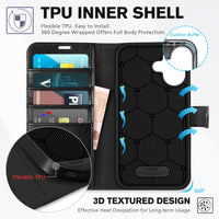 TUCCH Compatible with iPhone 16 Wallet Case, RFID Blocking 4 Card Holder Kickstand [Shockproof TPU Interior Shell], PU Leather Magnetic Closure Protective Flip Phone Cover, Black - 7DAY'S