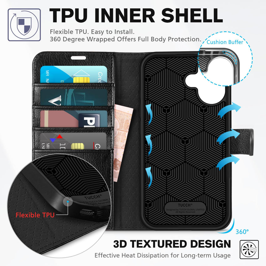 TUCCH Compatible with iPhone 16 Wallet Case, RFID Blocking 4 Card Holder Kickstand [Shockproof TPU Interior Shell], PU Leather Magnetic Closure Protective Flip Phone Cover, Black - 7DAY'S