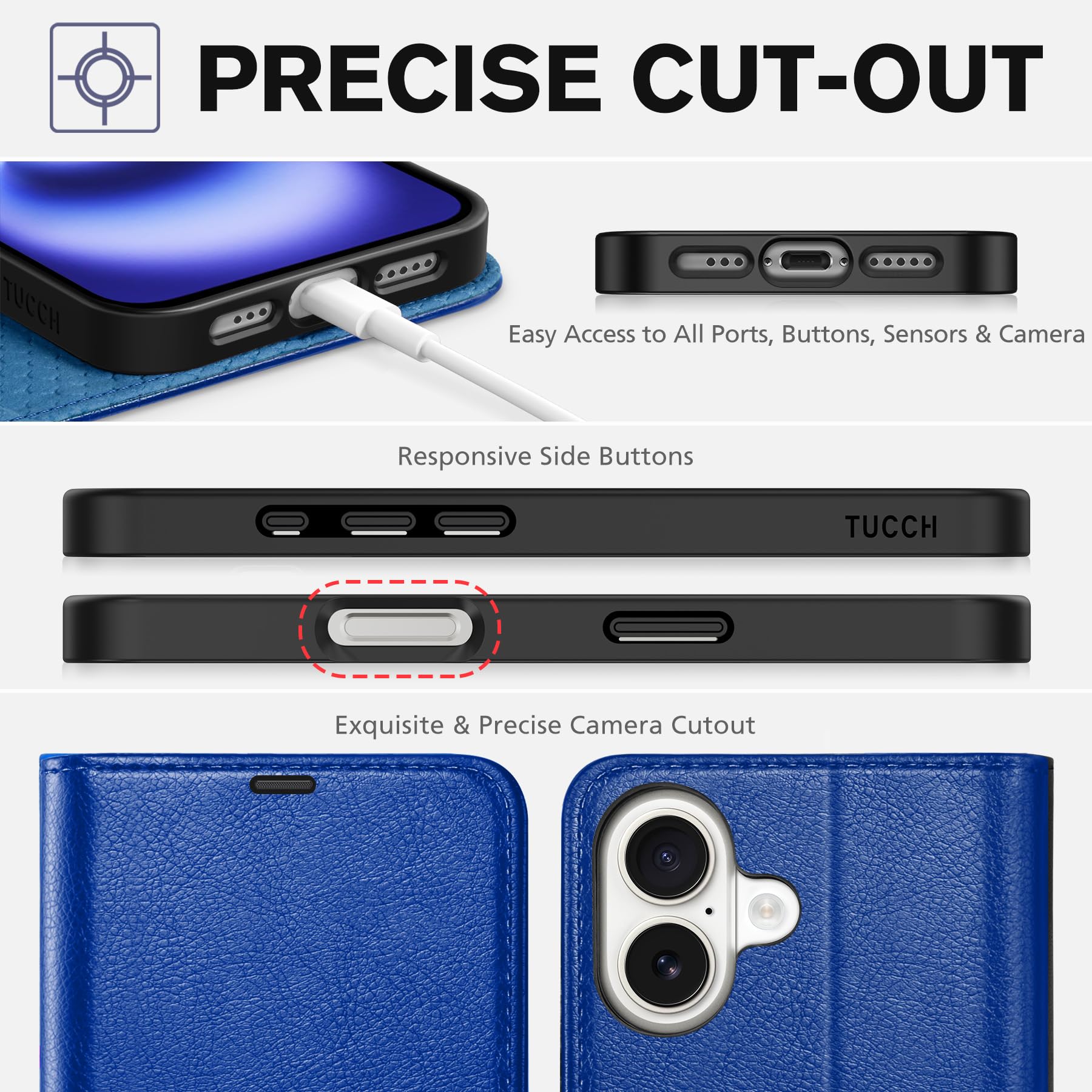 TUCCH Compatible with iPhone 16 Wallet Case, RFID Blocking 4 Card Holder Kickstand [Shockproof TPU Interior Shell], PU Leather Magnetic Closure Protective Flip Phone Cover, Black - 7DAY'S