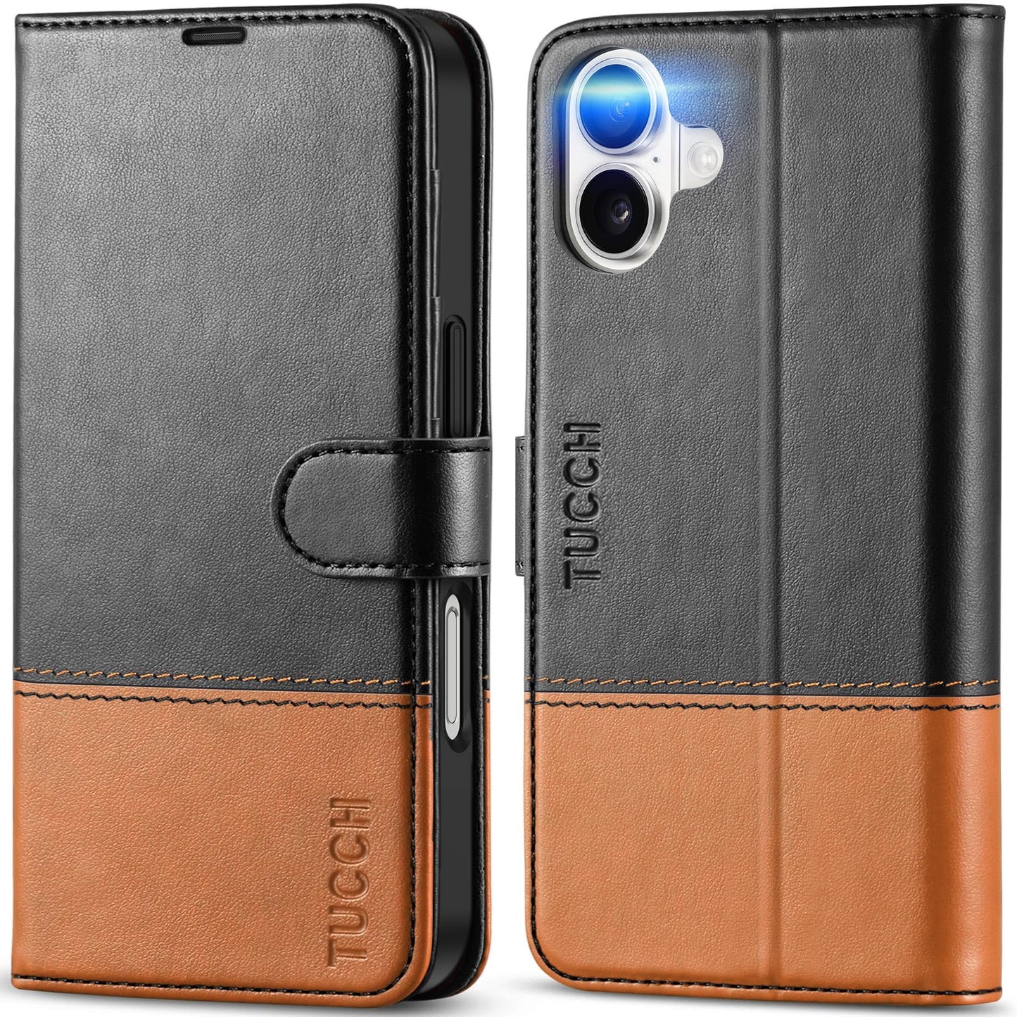 TUCCH Compatible with iPhone 16 Wallet Case, RFID Blocking 4 Card Holder Kickstand [Shockproof TPU Interior Shell], PU Leather Magnetic Closure Protective Flip Phone Cover, Black - 7DAY'S