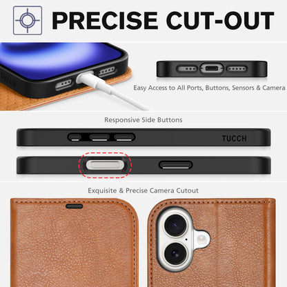 TUCCH Compatible with iPhone 16 Wallet Case, RFID Blocking 4 Card Holder Kickstand [Shockproof TPU Interior Shell], PU Leather Magnetic Closure Protective Flip Phone Cover, Black - 7DAY'S