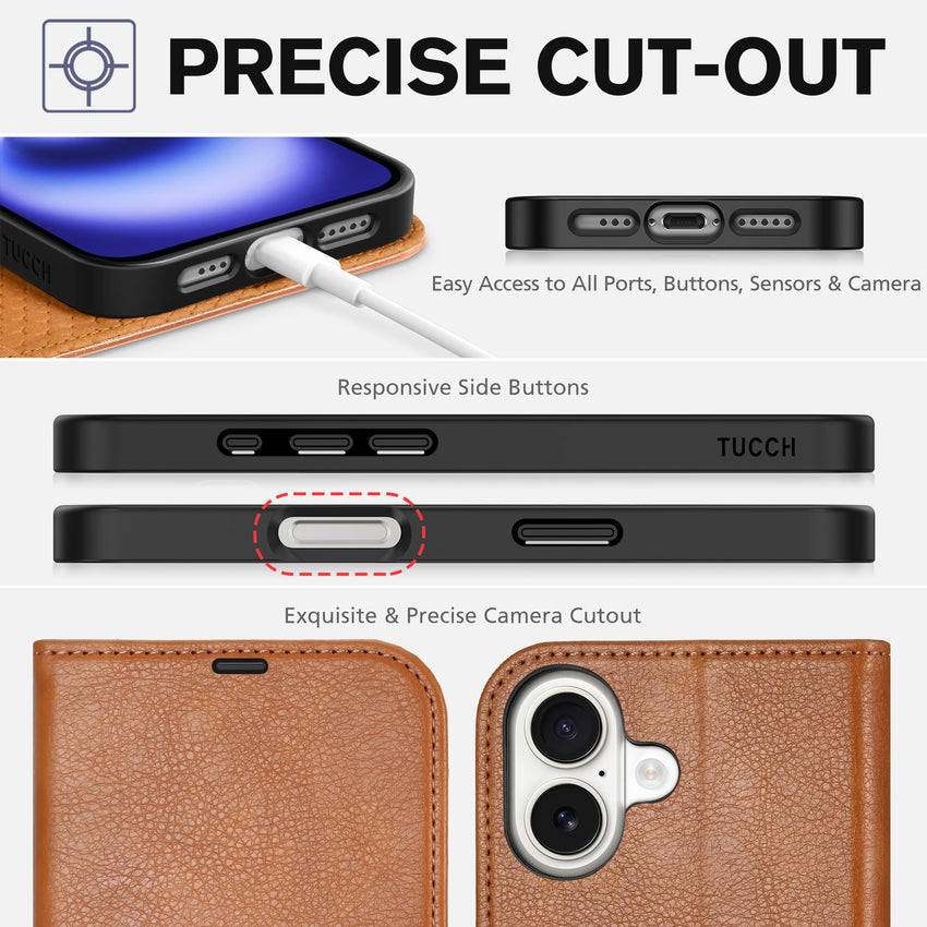 TUCCH Compatible with iPhone 16 Wallet Case, RFID Blocking 4 Card Holder Kickstand [Shockproof TPU Interior Shell], PU Leather Magnetic Closure Protective Flip Phone Cover, Black - 7DAY'S