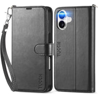 TUCCH Compatible with iPhone 16 Wallet Case, RFID Blocking 4 Card Holder Kickstand [Shockproof TPU Interior Shell], PU Leather Magnetic Closure Protective Flip Phone Cover, Black - 7DAY'S