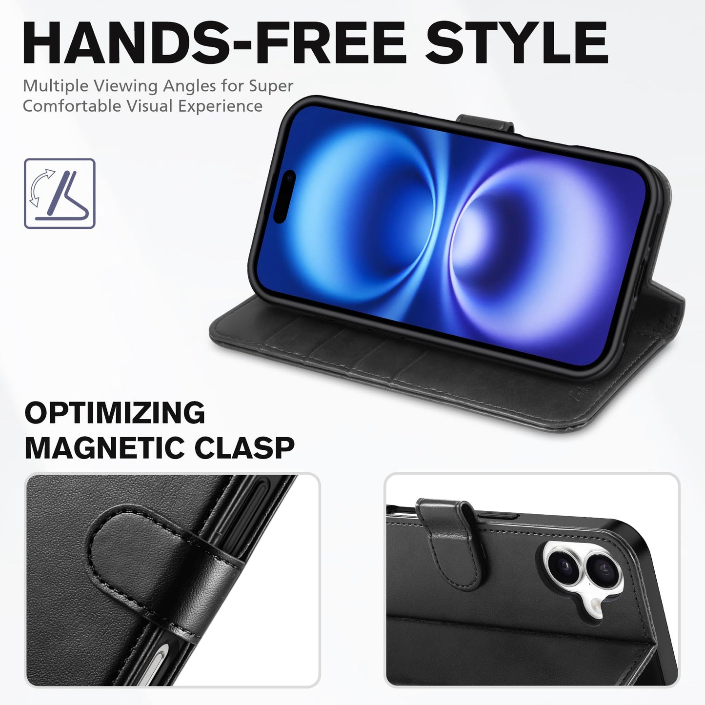 TUCCH Compatible with iPhone 16 Wallet Case, RFID Blocking 4 Card Holder Kickstand [Shockproof TPU Interior Shell], PU Leather Magnetic Closure Protective Flip Phone Cover, Black - 7DAY'S