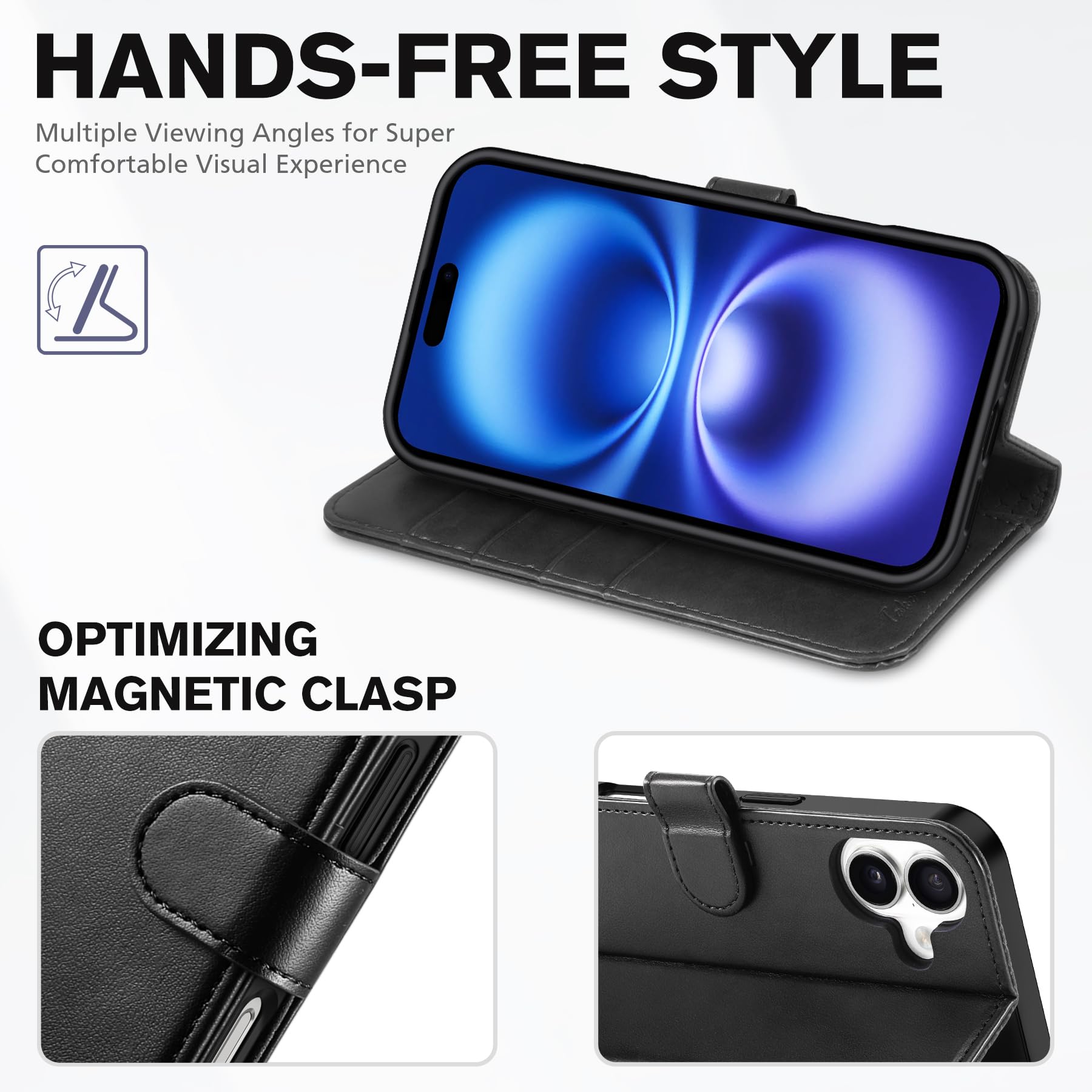 TUCCH Compatible with iPhone 16 Wallet Case, RFID Blocking 4 Card Holder Kickstand [Shockproof TPU Interior Shell], PU Leather Magnetic Closure Protective Flip Phone Cover, Black - 7DAY'S