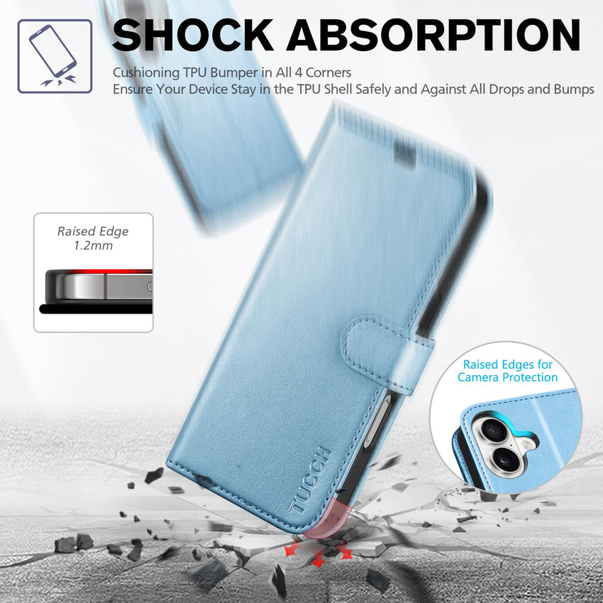 TUCCH Compatible with iPhone 16 Wallet Case, RFID Blocking 4 Card Holder Kickstand [Shockproof TPU Interior Shell], PU Leather Magnetic Closure Protective Flip Phone Cover, Black - 7DAY'S