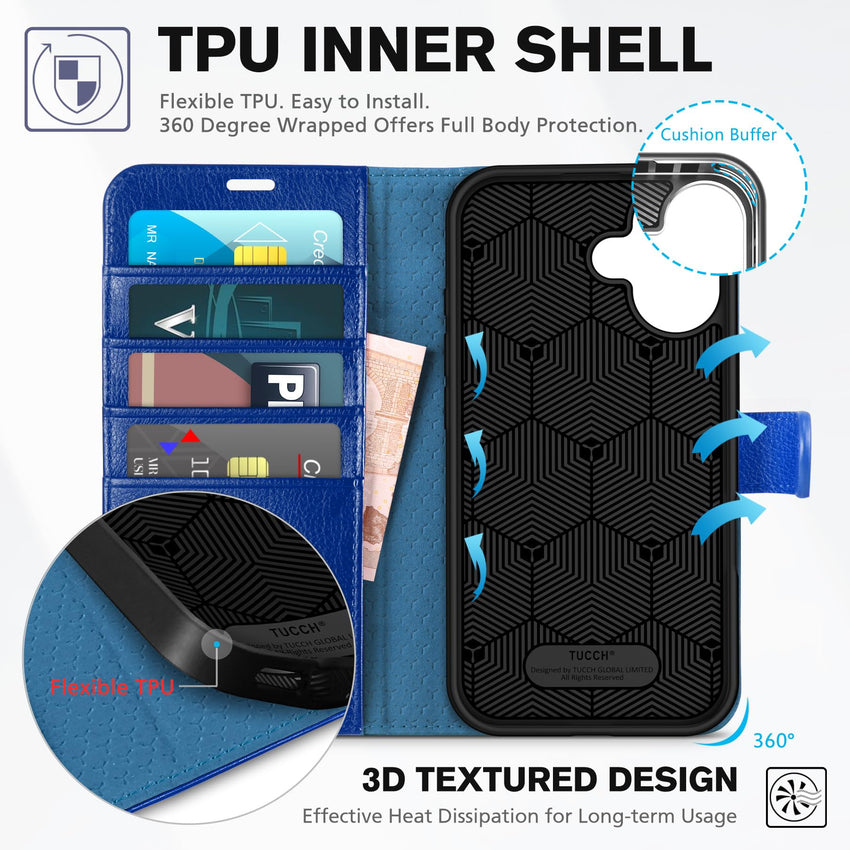 TUCCH Compatible with iPhone 16 Wallet Case, RFID Blocking 4 Card Holder Kickstand [Shockproof TPU Interior Shell], PU Leather Magnetic Closure Protective Flip Phone Cover, Black - 7DAY'S
