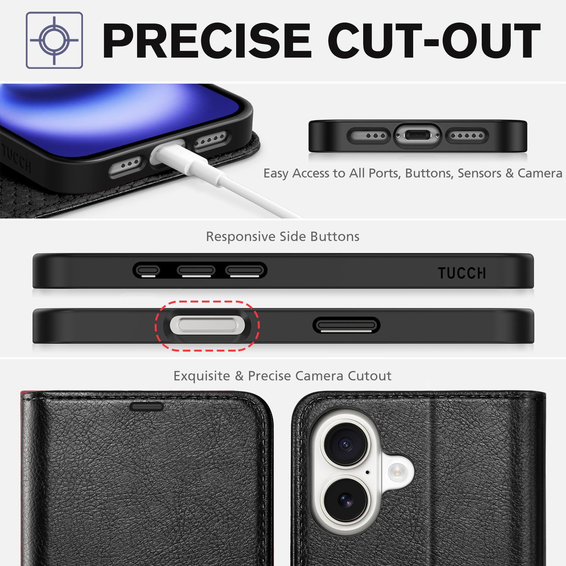 TUCCH Compatible with iPhone 16 Wallet Case, RFID Blocking 4 Card Holder Kickstand [Shockproof TPU Interior Shell], PU Leather Magnetic Closure Protective Flip Phone Cover, Black - 7DAY'S