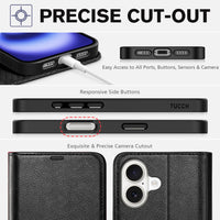 TUCCH Compatible with iPhone 16 Wallet Case, RFID Blocking 4 Card Holder Kickstand [Shockproof TPU Interior Shell], PU Leather Magnetic Closure Protective Flip Phone Cover, Black - 7DAY'S