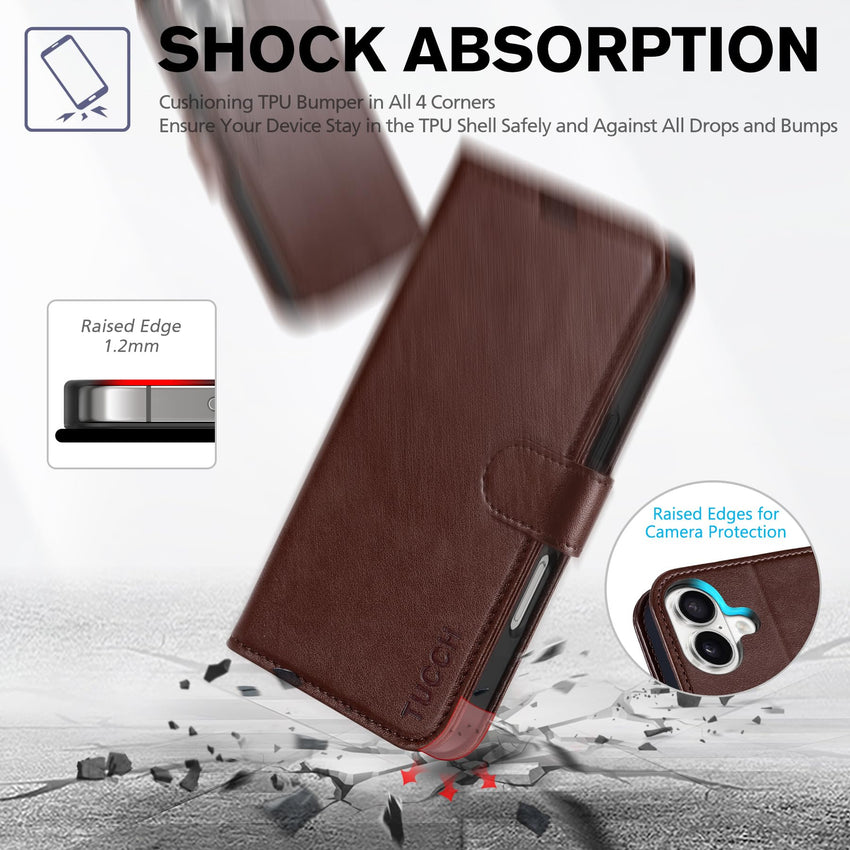 TUCCH Compatible with iPhone 16 Wallet Case, RFID Blocking 4 Card Holder Kickstand [Shockproof TPU Interior Shell], PU Leather Magnetic Closure Protective Flip Phone Cover, Black - 7DAY'S