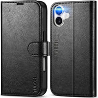 TUCCH Compatible with iPhone 16 Wallet Case, RFID Blocking 4 Card Holder Kickstand [Shockproof TPU Interior Shell], PU Leather Magnetic Closure Protective Flip Phone Cover, Black - 7DAY'S