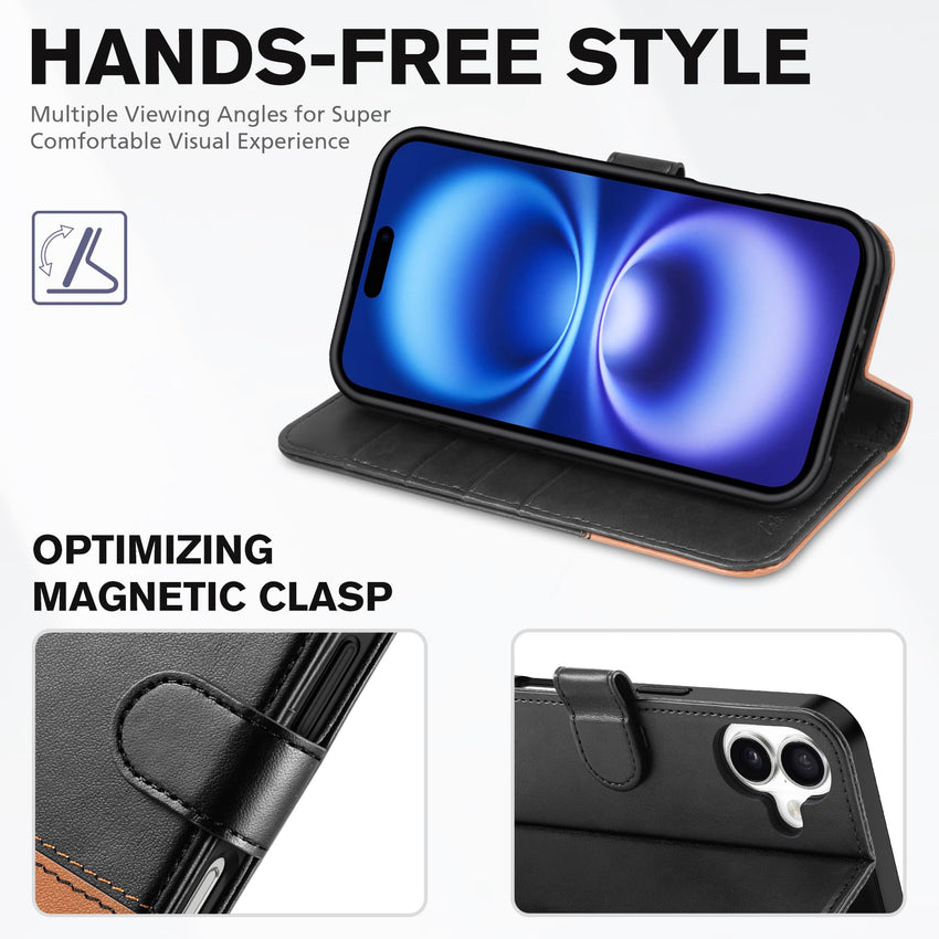 TUCCH Compatible with iPhone 16 Wallet Case, RFID Blocking 4 Card Holder Kickstand [Shockproof TPU Interior Shell], PU Leather Magnetic Closure Protective Flip Phone Cover, Black - 7DAY'S