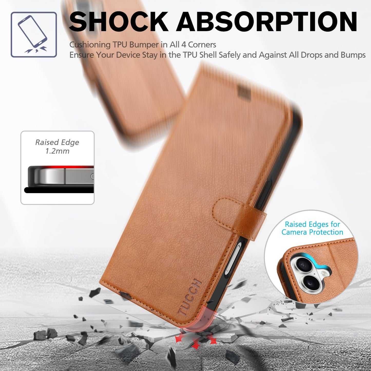 TUCCH Compatible with iPhone 16 Wallet Case, RFID Blocking 4 Card Holder Kickstand [Shockproof TPU Interior Shell], PU Leather Magnetic Closure Protective Flip Phone Cover, Black - 7DAY'S