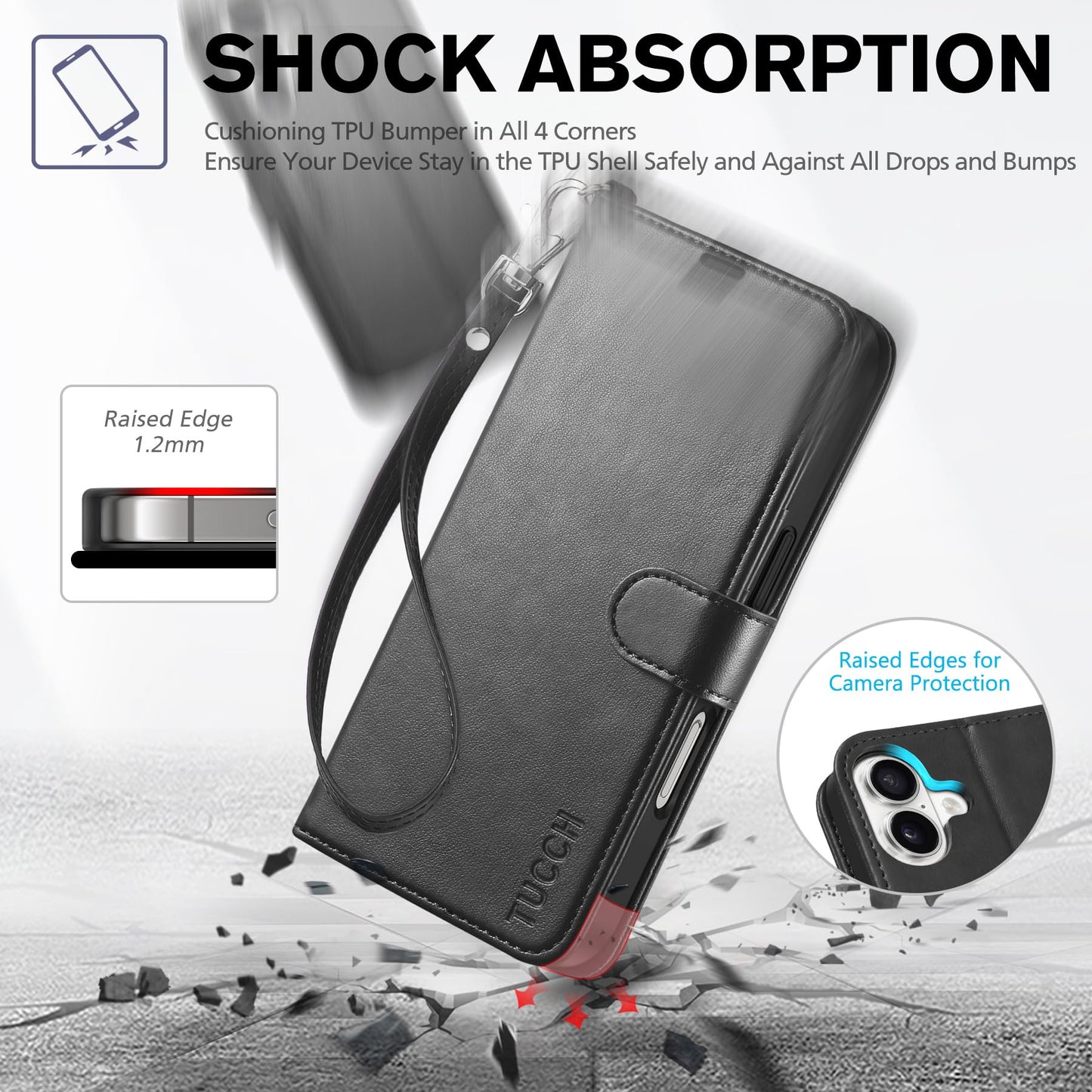 TUCCH Compatible with iPhone 16 Wallet Case, RFID Blocking 4 Card Holder Kickstand [Shockproof TPU Interior Shell], PU Leather Magnetic Closure Protective Flip Phone Cover, Black - 7DAY'S