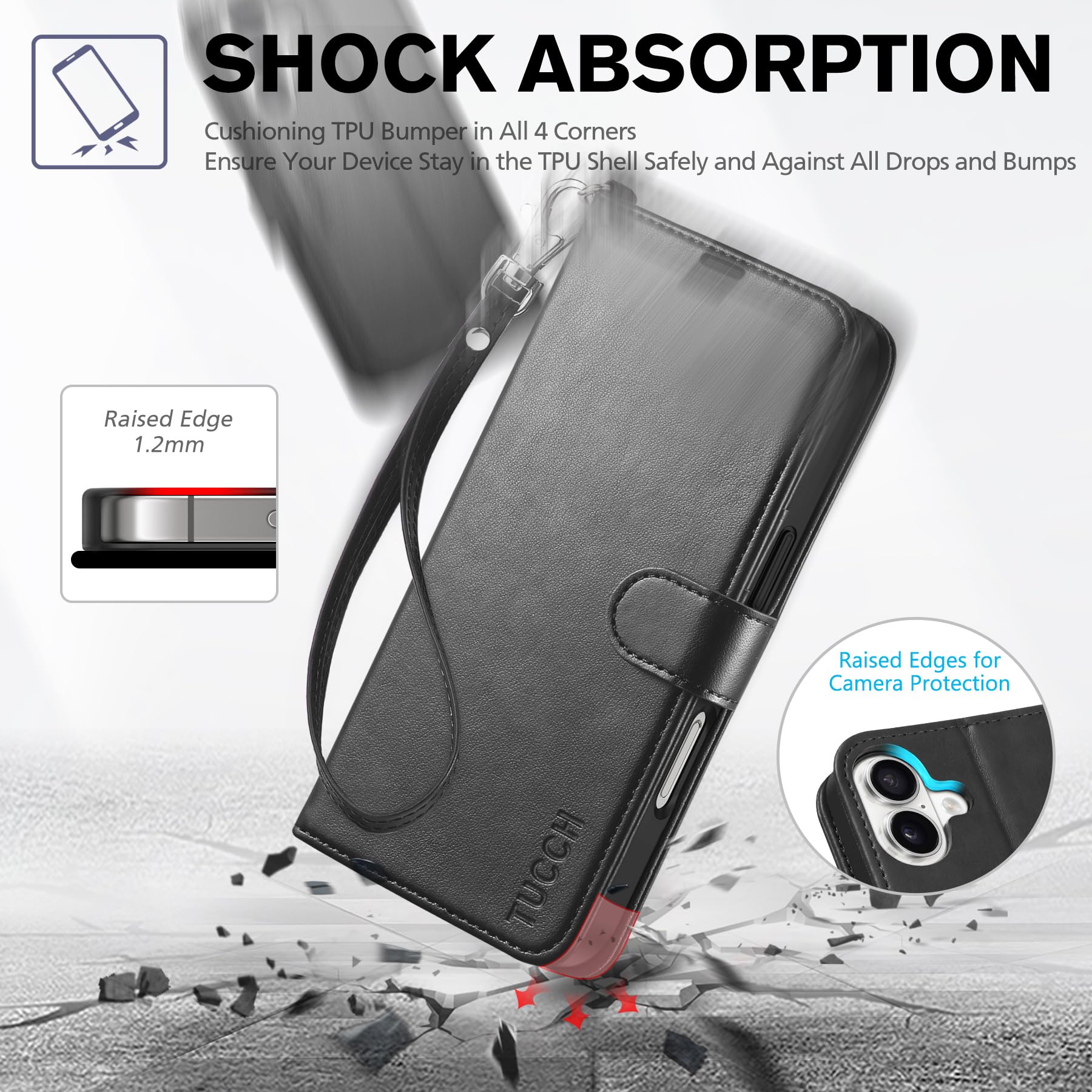 TUCCH Compatible with iPhone 16 Wallet Case, RFID Blocking 4 Card Holder Kickstand [Shockproof TPU Interior Shell], PU Leather Magnetic Closure Protective Flip Phone Cover, Black - 7DAY'S