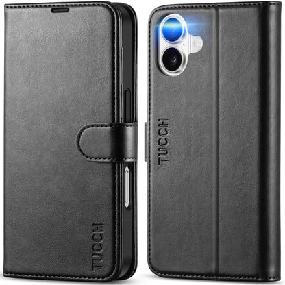 TUCCH Compatible with iPhone 16 Wallet Case, RFID Blocking 4 Card Holder Kickstand [Shockproof TPU Interior Shell], PU Leather Magnetic Closure Protective Flip Phone Cover, Black - 7DAY'S
