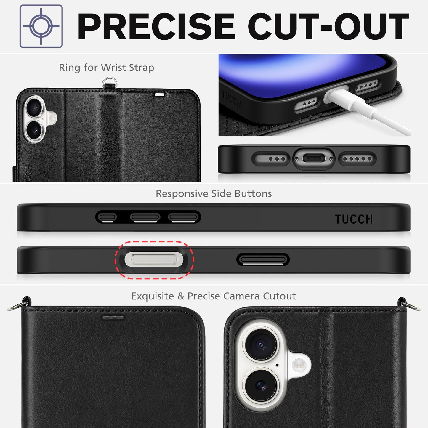 TUCCH Compatible with iPhone 16 Wallet Case, RFID Blocking 4 Card Holder Kickstand [Shockproof TPU Interior Shell], PU Leather Magnetic Closure Protective Flip Phone Cover, Black - 7DAY'S