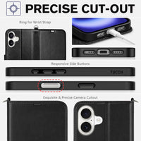 TUCCH Compatible with iPhone 16 Wallet Case, RFID Blocking 4 Card Holder Kickstand [Shockproof TPU Interior Shell], PU Leather Magnetic Closure Protective Flip Phone Cover, Black - 7DAY'S