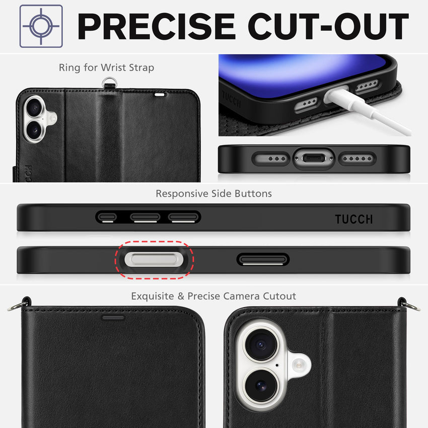 TUCCH Compatible with iPhone 16 Wallet Case, RFID Blocking 4 Card Holder Kickstand [Shockproof TPU Interior Shell], PU Leather Magnetic Closure Protective Flip Phone Cover, Black - 7DAY'S