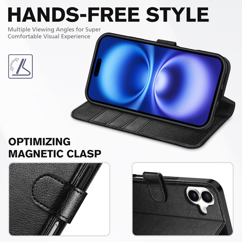 TUCCH Compatible with iPhone 16 Wallet Case, RFID Blocking 4 Card Holder Kickstand [Shockproof TPU Interior Shell], PU Leather Magnetic Closure Protective Flip Phone Cover, Black - 7DAY'S