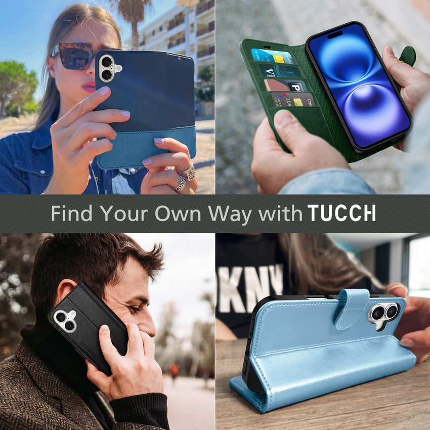 TUCCH Compatible with iPhone 16 Wallet Case, RFID Blocking 4 Card Holder Kickstand [Shockproof TPU Interior Shell], PU Leather Magnetic Closure Protective Flip Phone Cover, Black - 7DAY'S