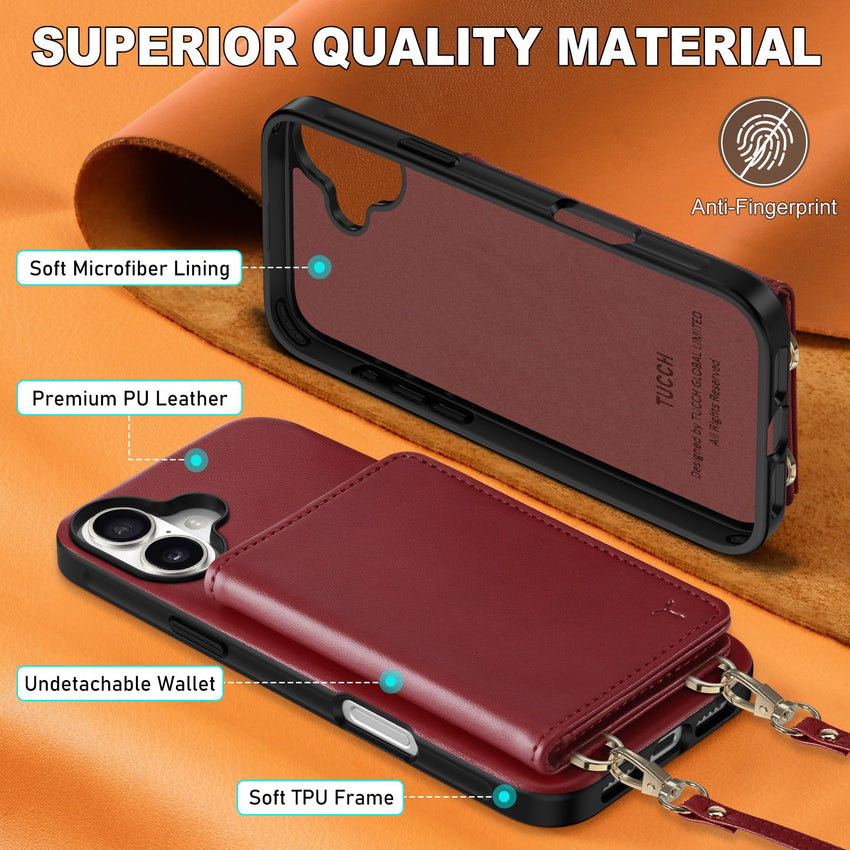 TUCCH Crossbody Wallet Case for iPhone 16 Pro (6.3"), RFID Blocking [6 Card Slots][Detachable Adjustable Lanyard], Magnetic Flip Wallet PU Leather Shockproof Phone Cover for iPhone 16 Pro, Black - 7DAY'S